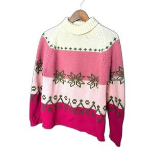 vintage 1960s 100% Virgin Acrylic pink Turtleneck sweater chunky snowflake ski M